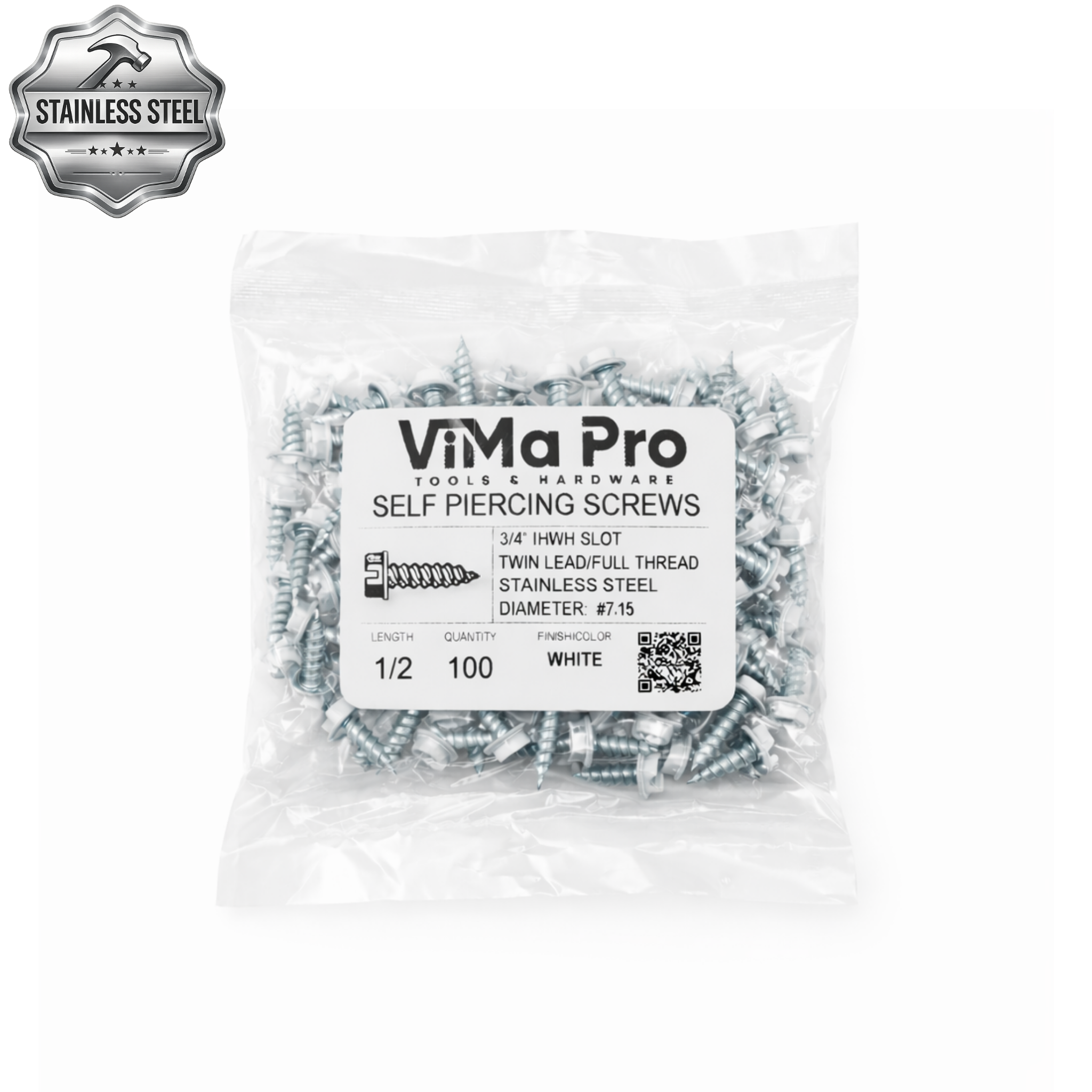 Self Piercing Stainless Steel "Zip" Screws 1/4" Hex Head - #7 x 1/2" White (100/bag)