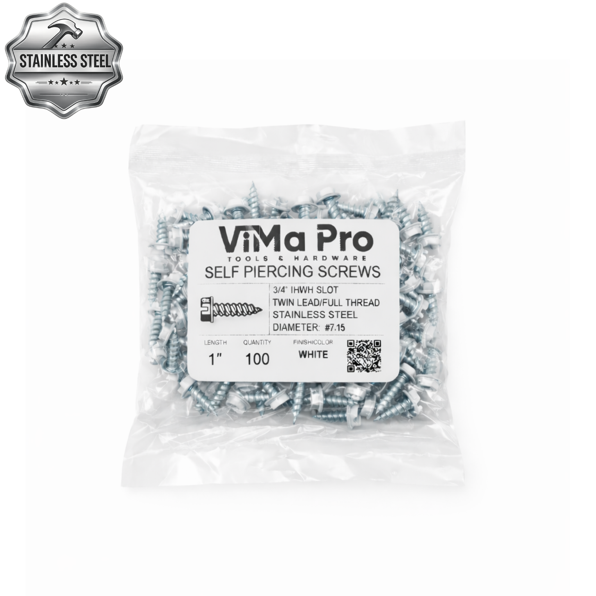 Self Piercing Stainless Steel "Zip" Screws 1/4" Hex Head - #8 x 1" White (100/bag)