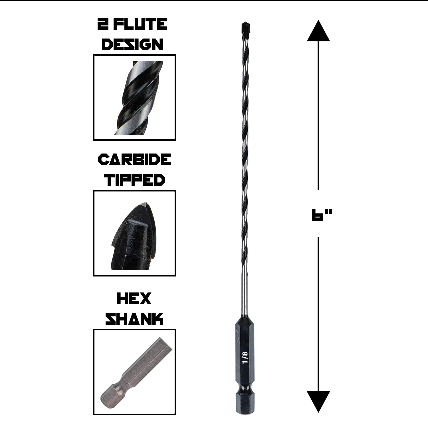 1/8-Inch Masonry Drill Bit - Carbide Tipped Hex Bit