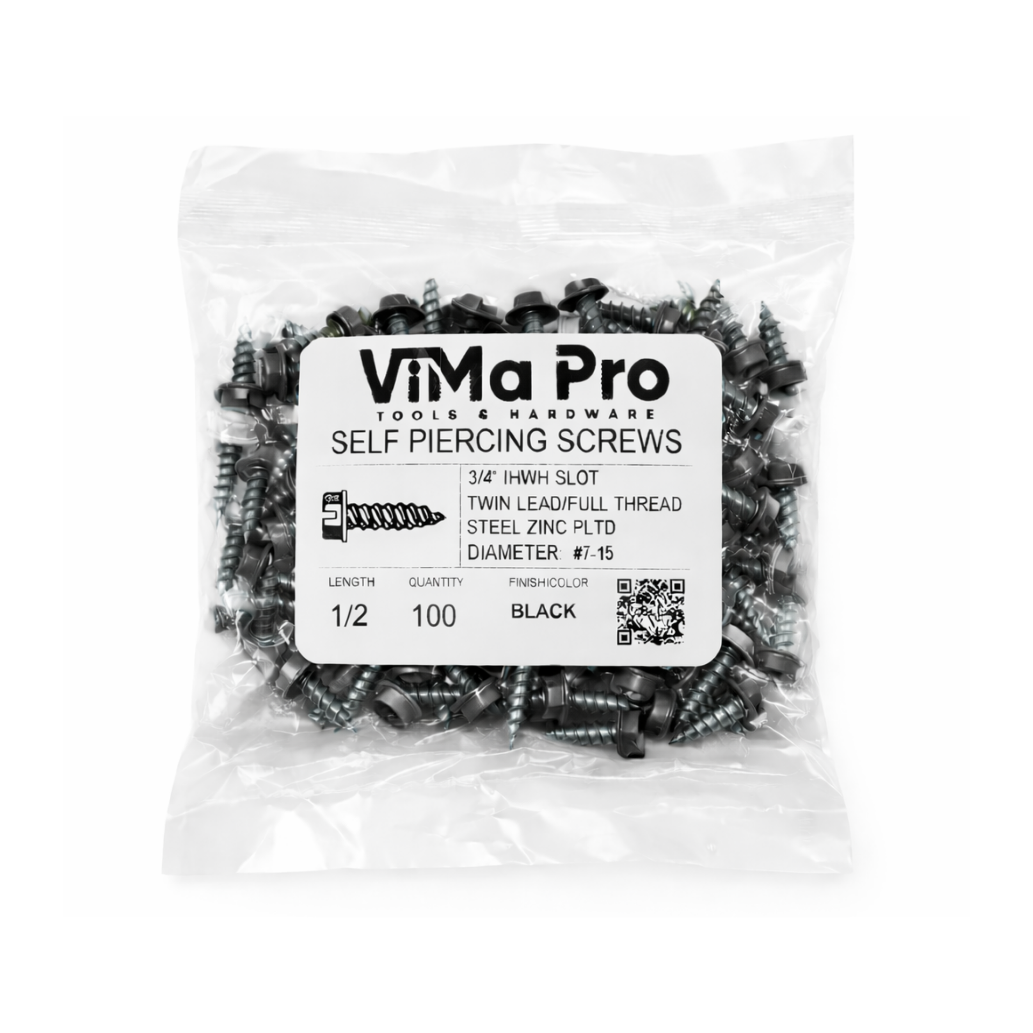 Self Piercing "Zip" Screws 1/4" Hex Head - #7 x 1/2" Black (100/bag)