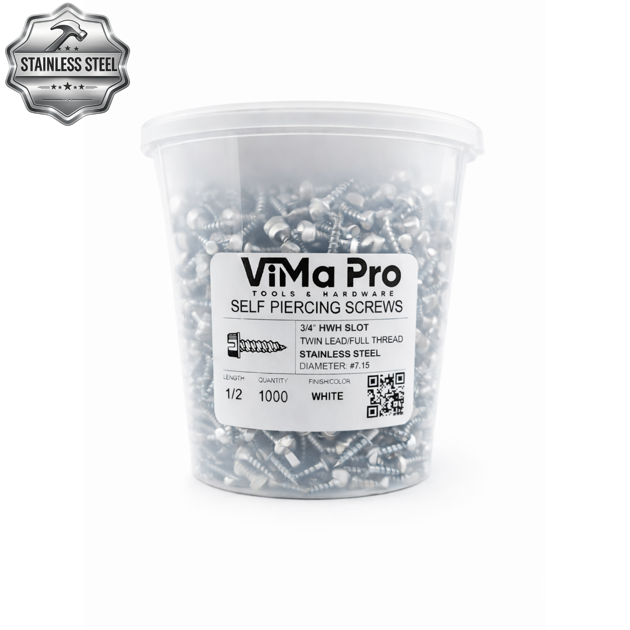 Self Piercing Stainless Steel "Zip" Screws 1/4" Hex Head - #7 x 1/2" White (1,000/tub)