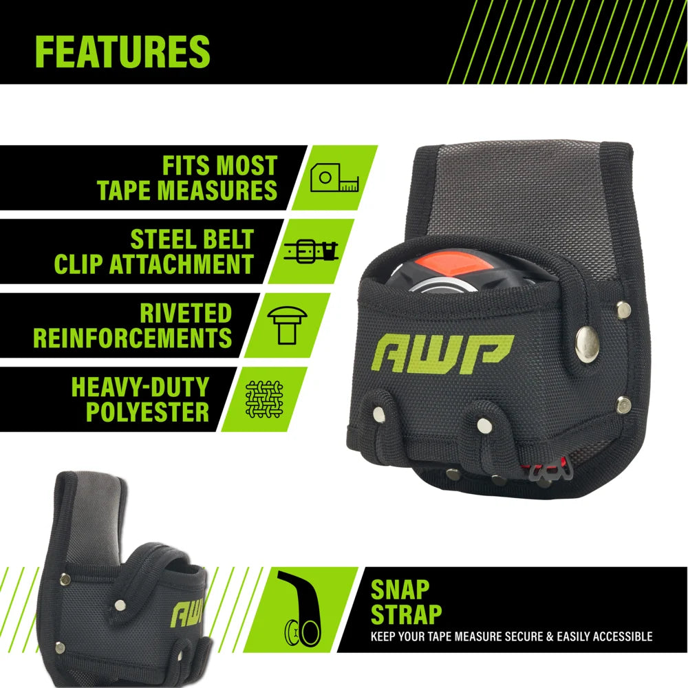 AWP Tape Measure Pouch with Metal Belt Clip and Tunnel Loop, Tool Belt Accessory