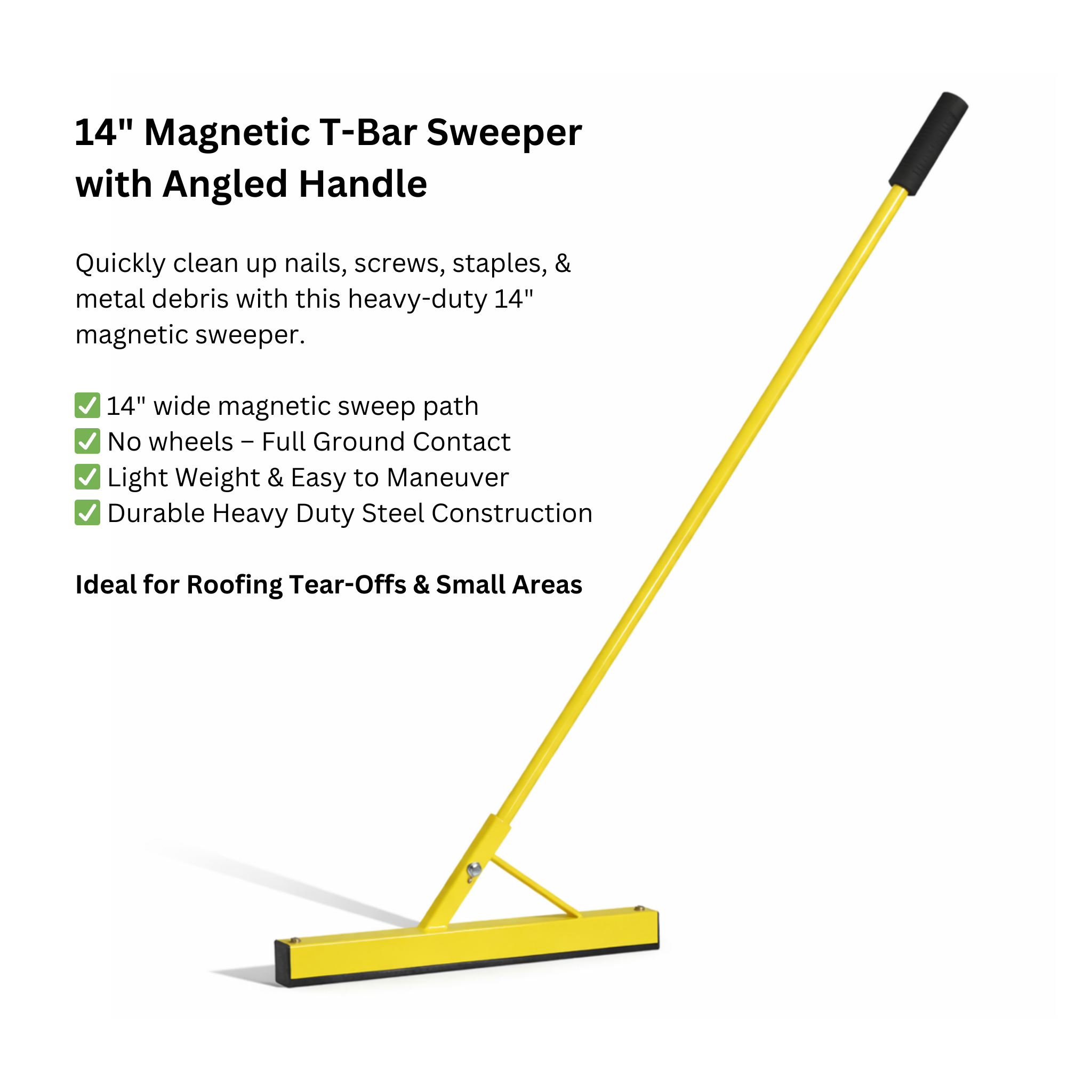 14" Magnetic Sweeper with Angled Handle – Heavy Duty Steel T-Bar Nail Magnet for Nail/Screw/Staple Cleanup