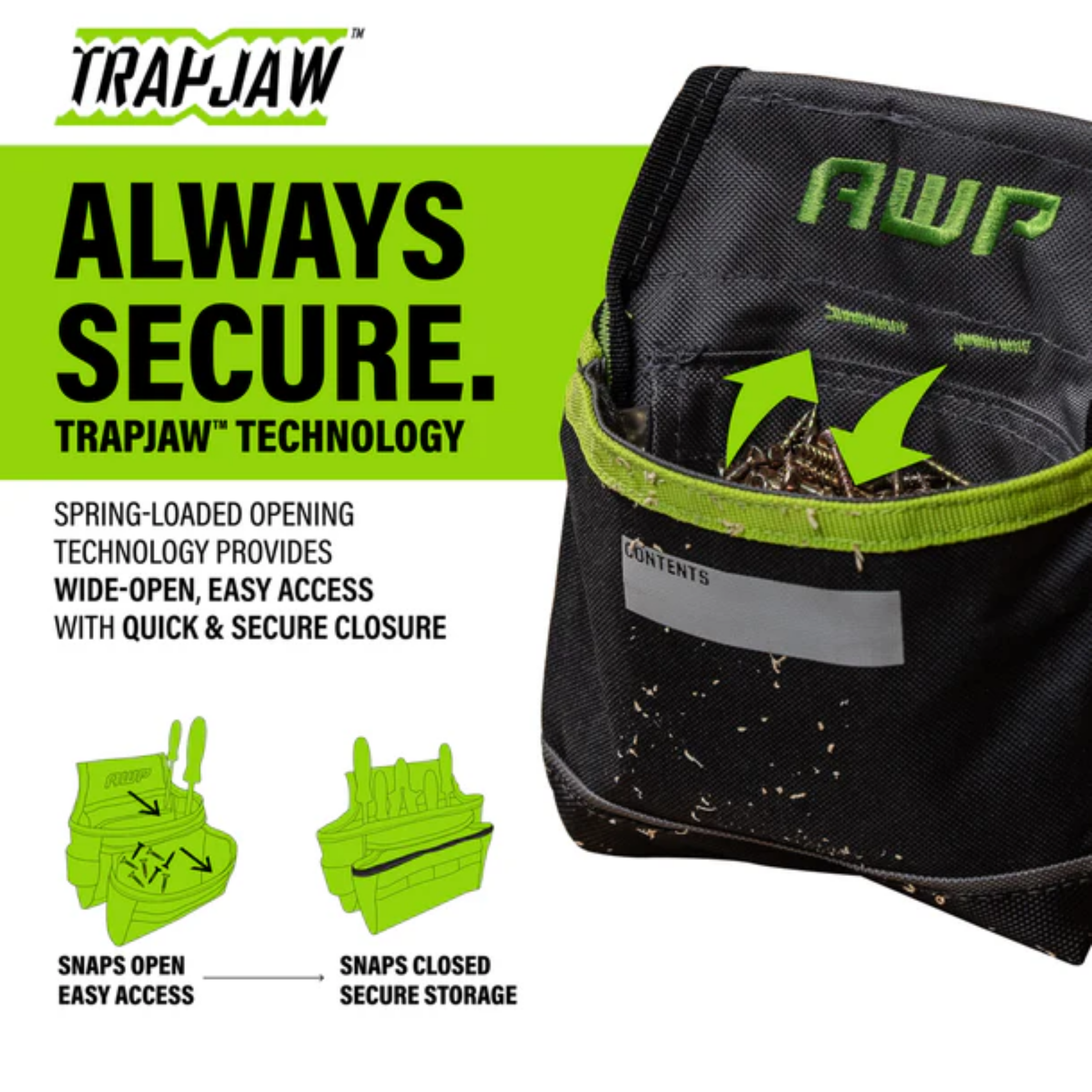 AWP TrapJaw Clip-on Fastener Tool Pouch with Spring-Loaded Closure for Zip Screws, Nails, Tools, etc.