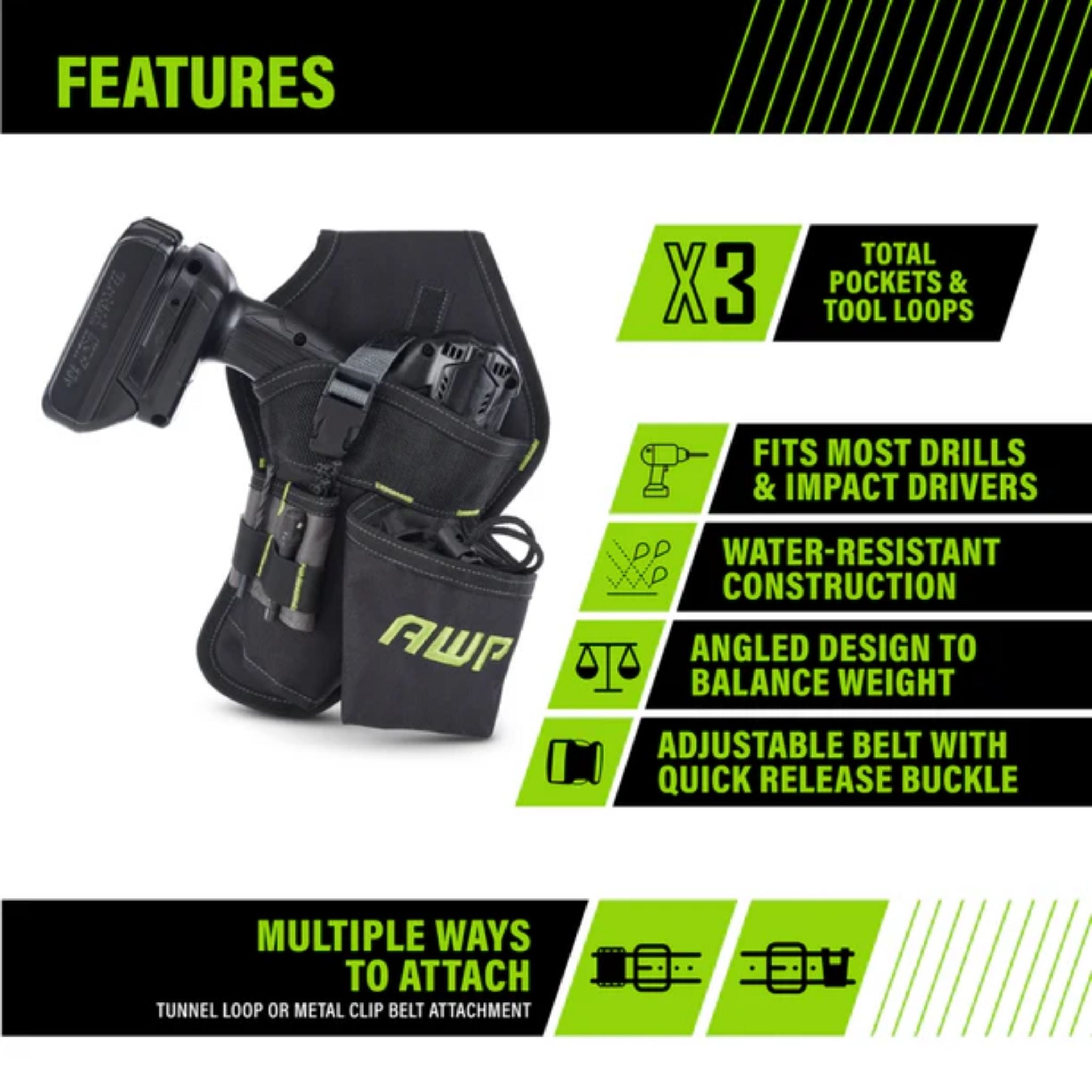 AWP Heavy-Duty Drill/Tool Holster Pouch with Multi-Pocket Storage & Quick-Release Strap