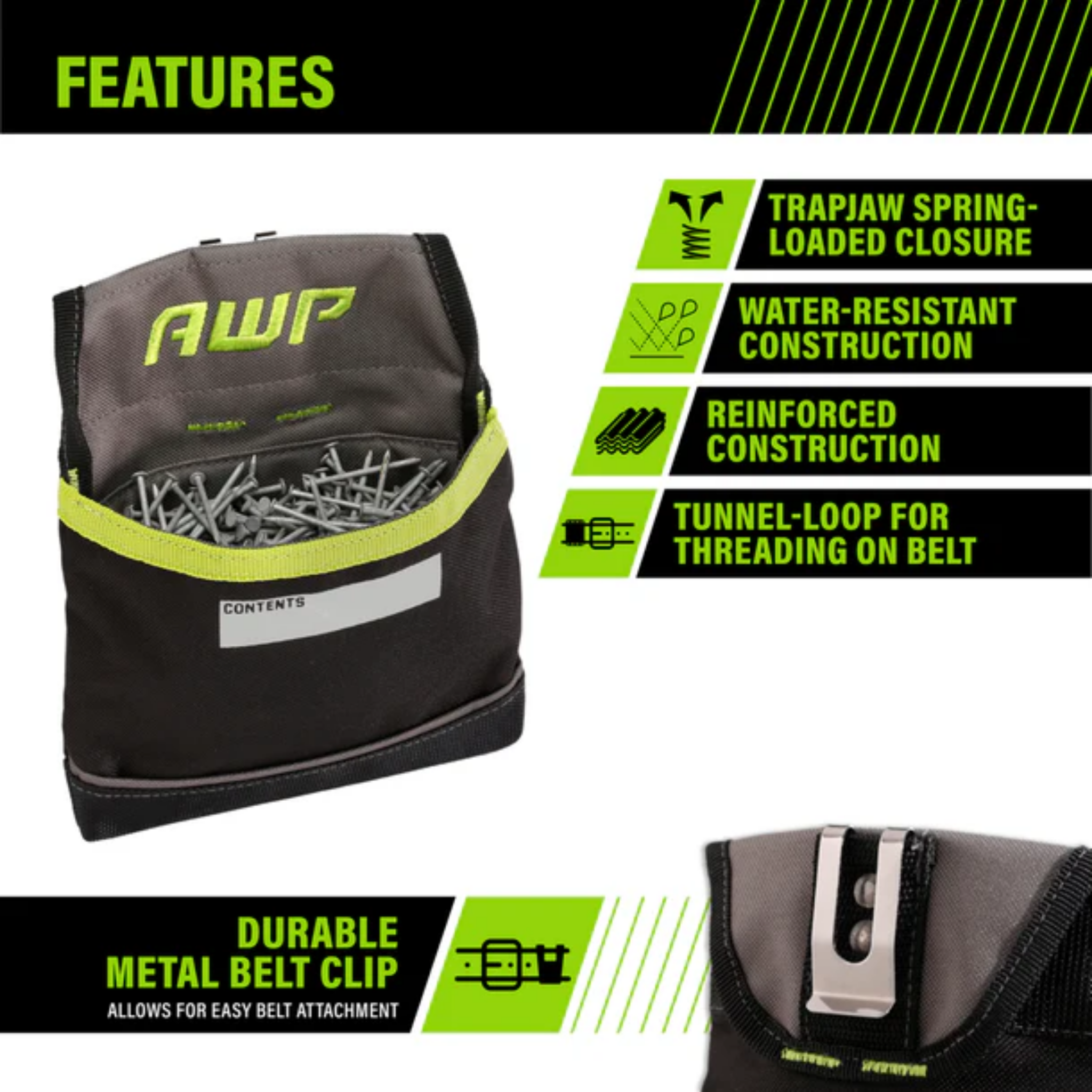 AWP TrapJaw Clip-on Fastener Tool Pouch with Spring-Loaded Closure for Zip Screws, Nails, Tools, etc.