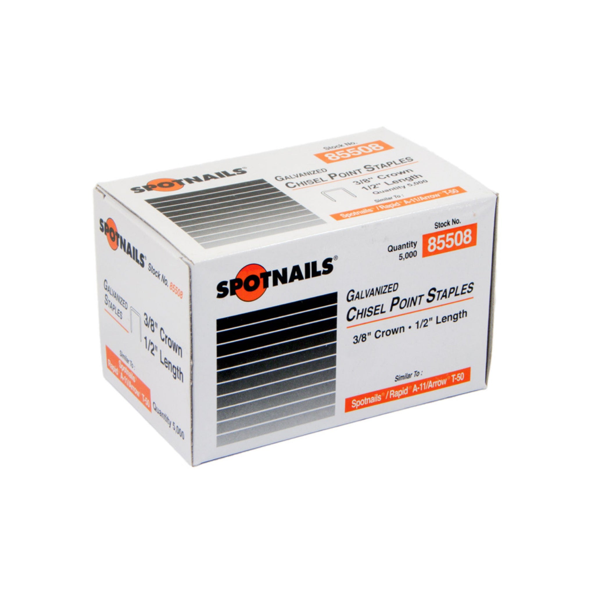 Spotnails 85508 – Galvanized Straight Snip Staples, 3/8" Crown x 1/2" Length (5,000/Box)
