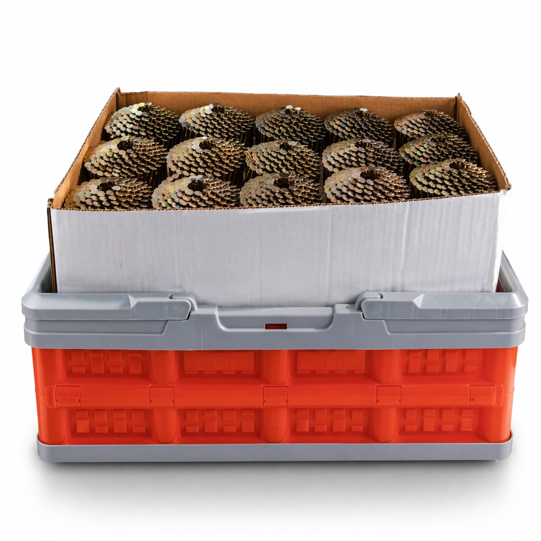 Red and gray cooler with a cardboard box on top filled with pine cones.