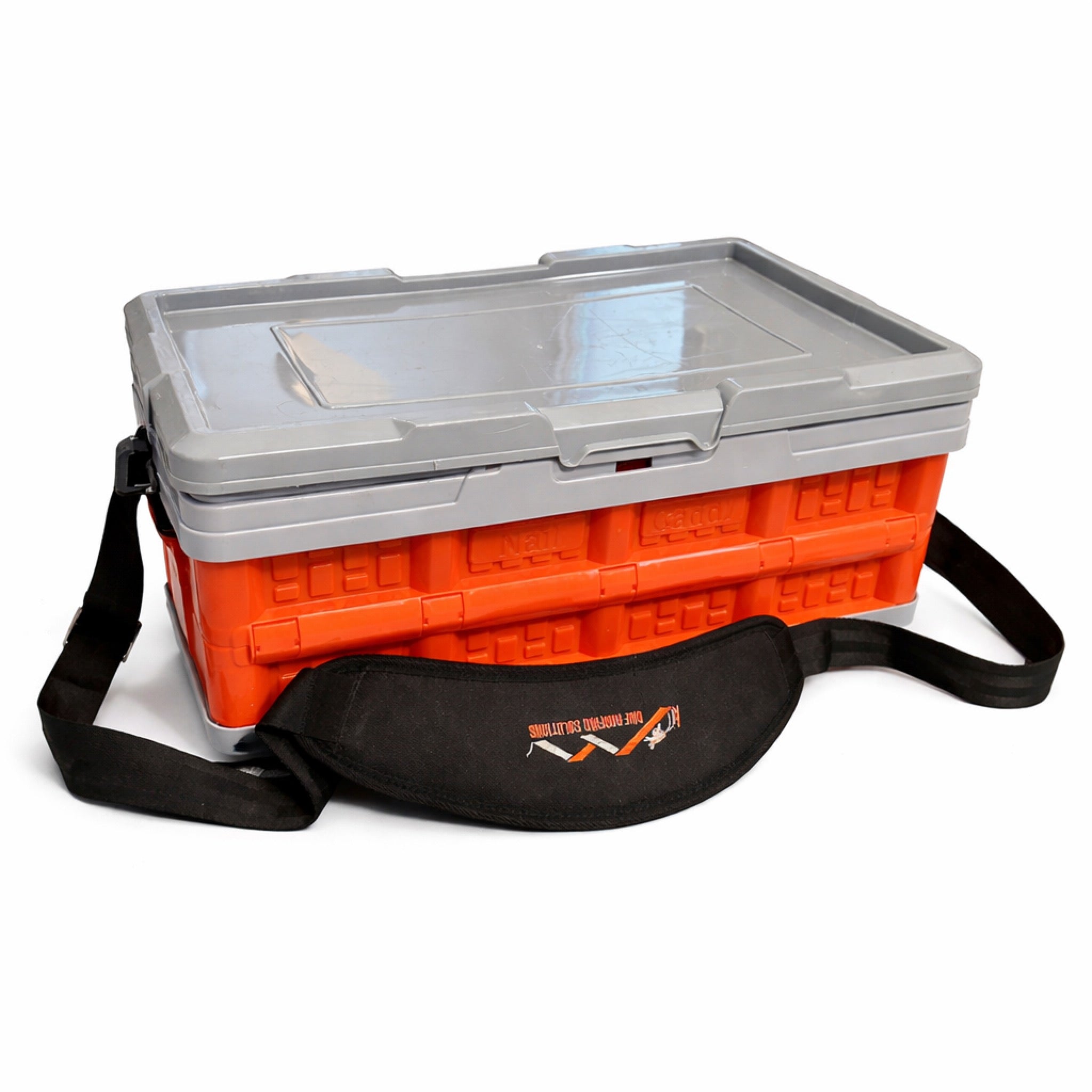 Orange and gray cooler with a black carrying strap on a white background