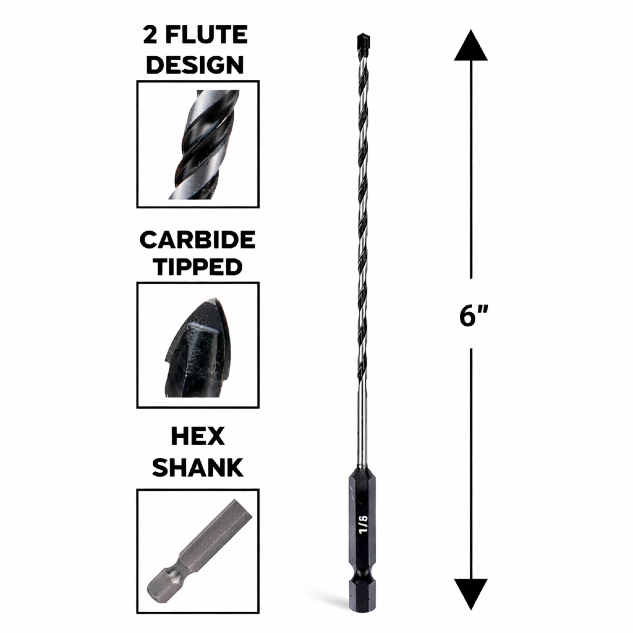 Masonry Drill Bit 1/8" x 6" Hex Shank for Impact Driver
