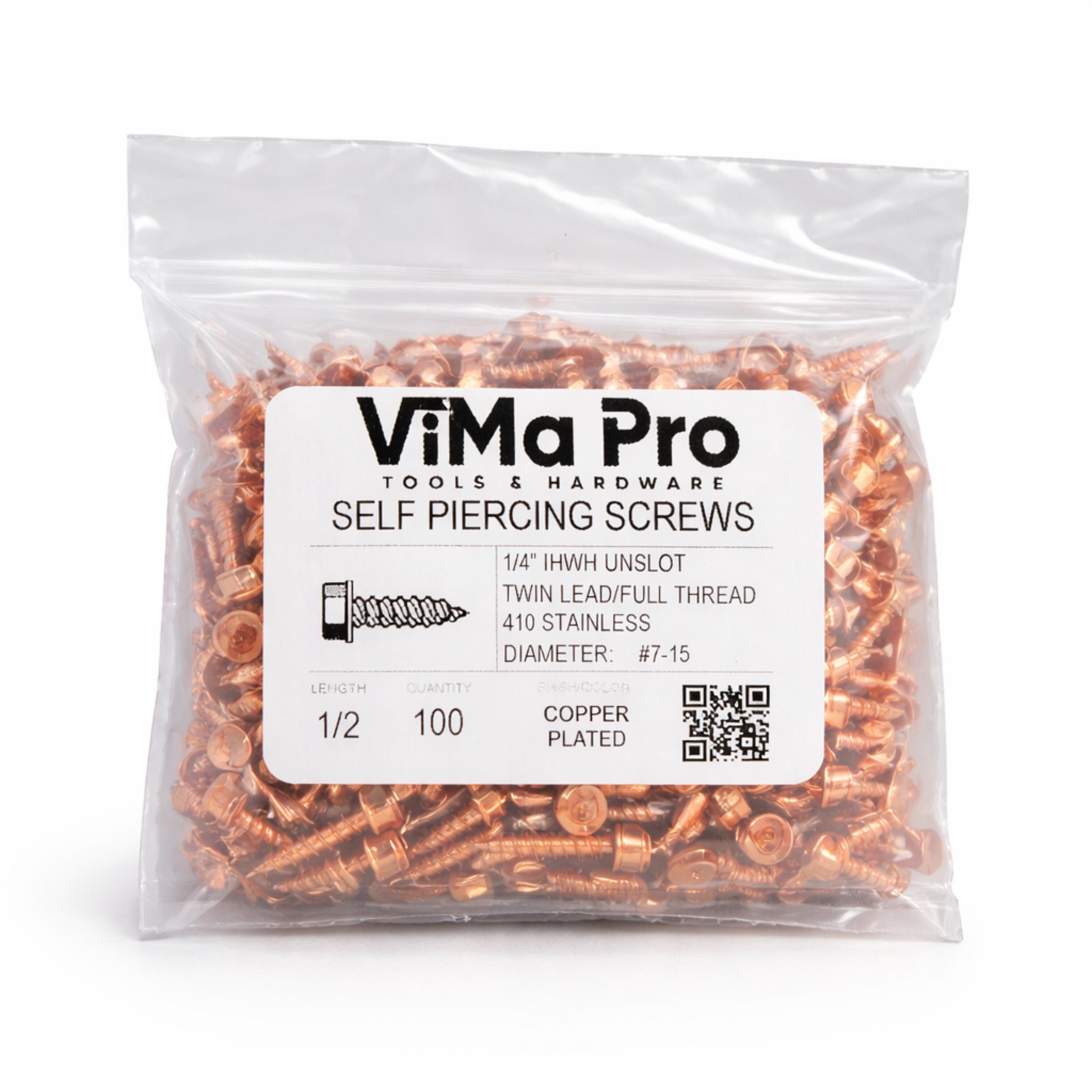 Copper Plated Self Piercing Stainless Steel "Zip" Screws 1/4" Hex Head