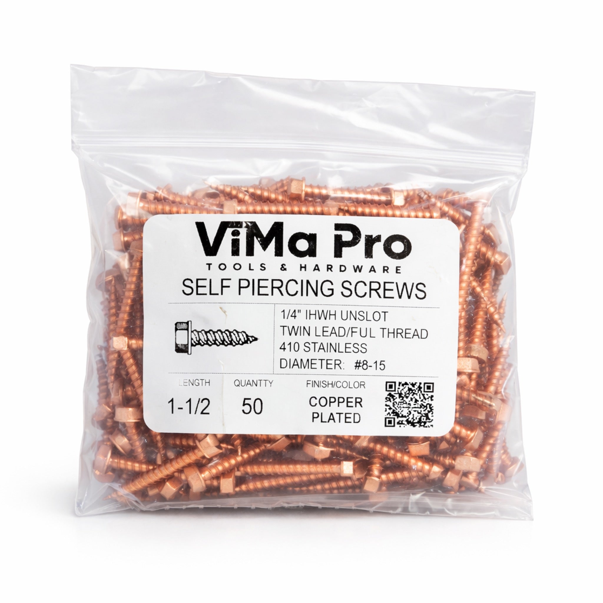 Copper Plated Self Piercing Stainless Steel "Zip" Screws 1/4" Hex Head