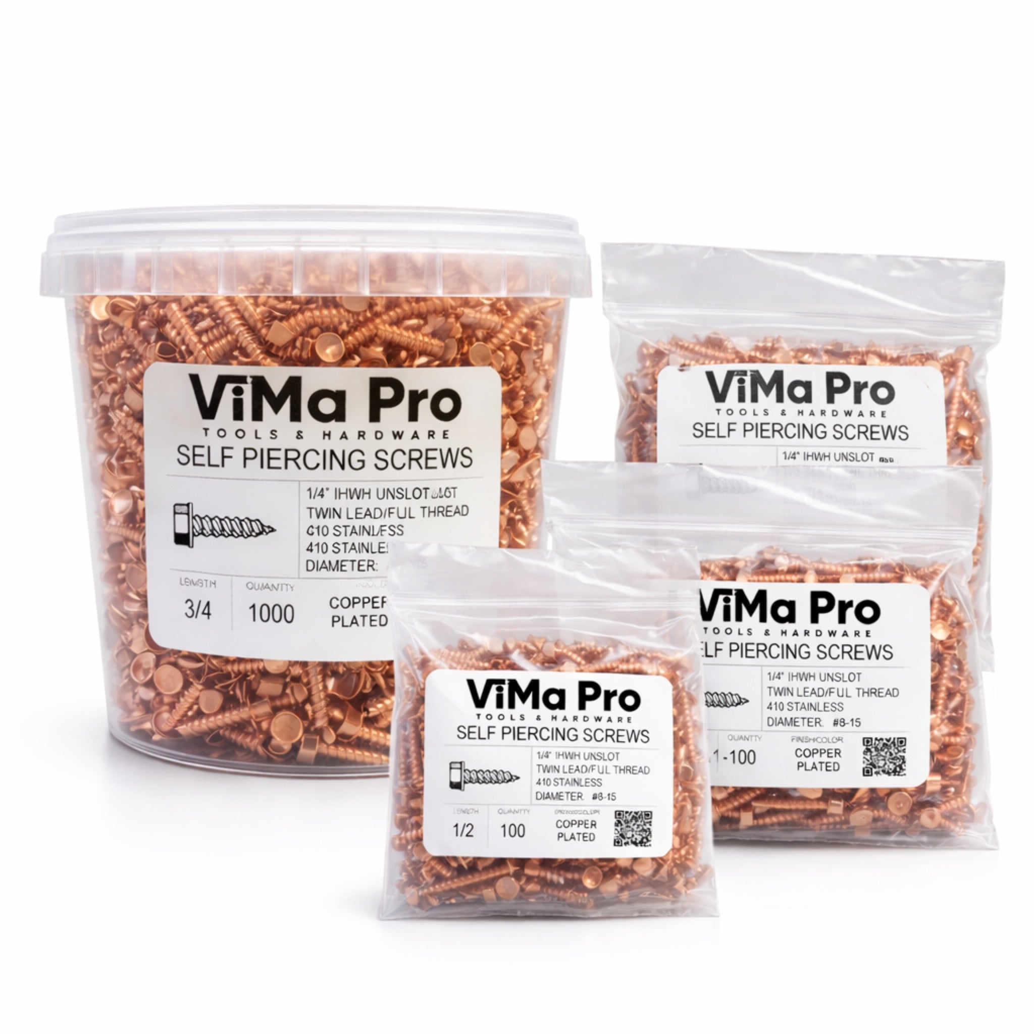 Copper Plated Self Piercing Stainless Steel "Zip" Screws 1/4" Hex Head