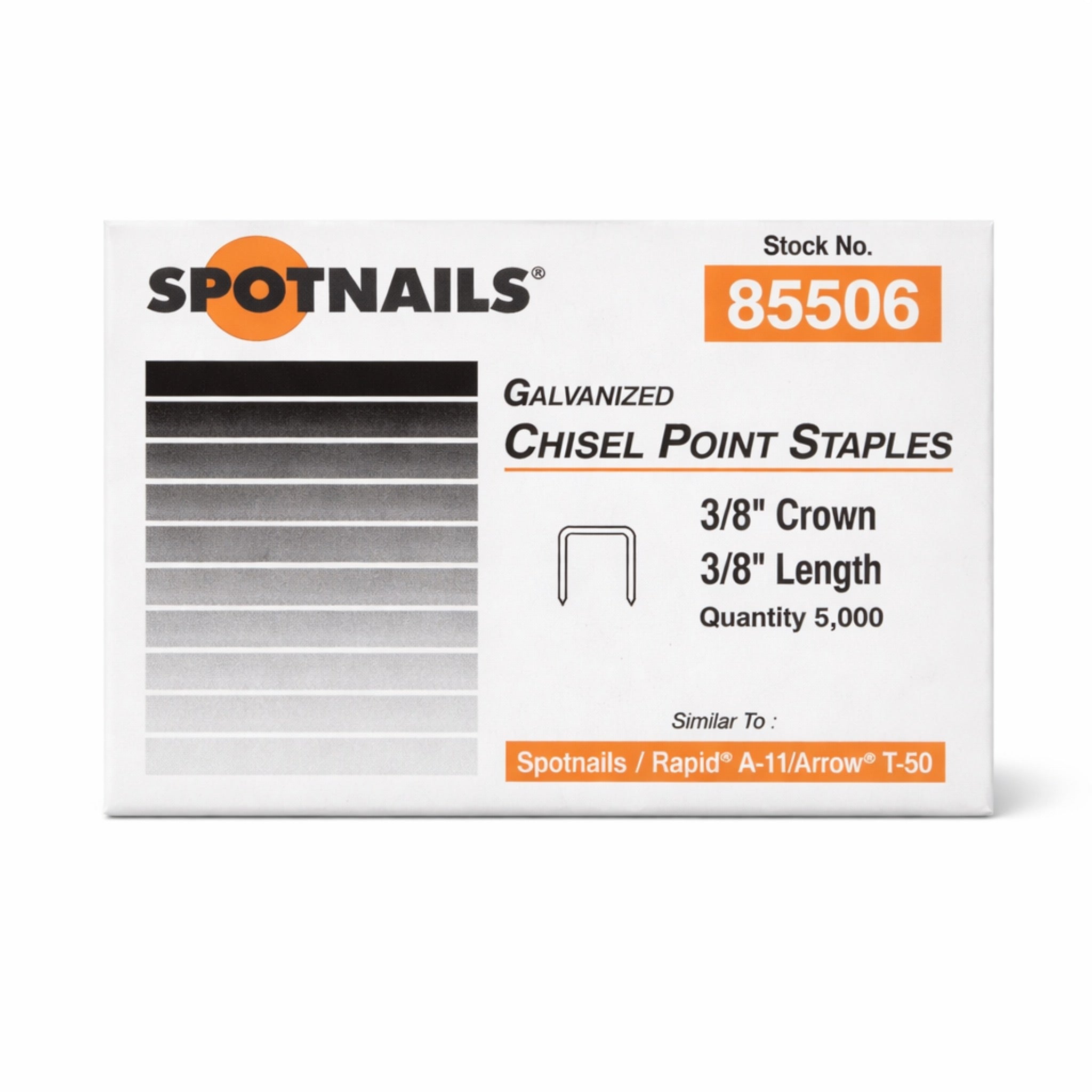 Spotnails Staples #85506 – Galvanized Straight Snip, 3/8" Crown x 3/8" Length (5,000/Box)