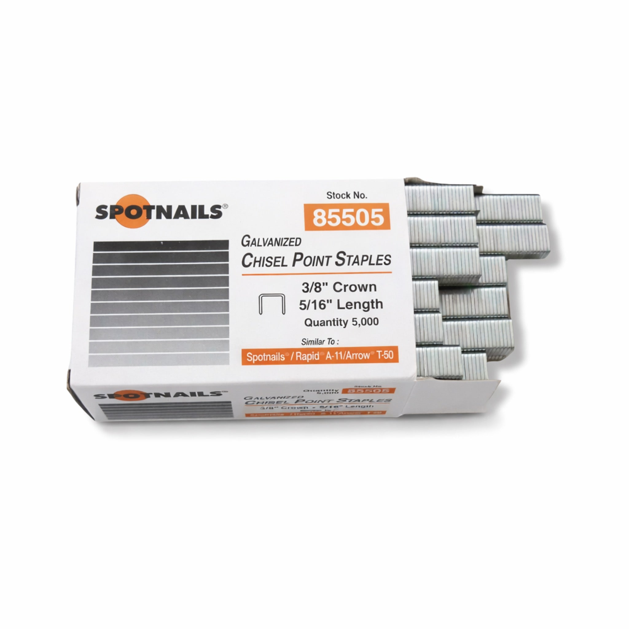 Spotnails Staples #85505 – Galvanized Straight Snip, 3/8" Crown x 5/16" Length (5,000/Box)