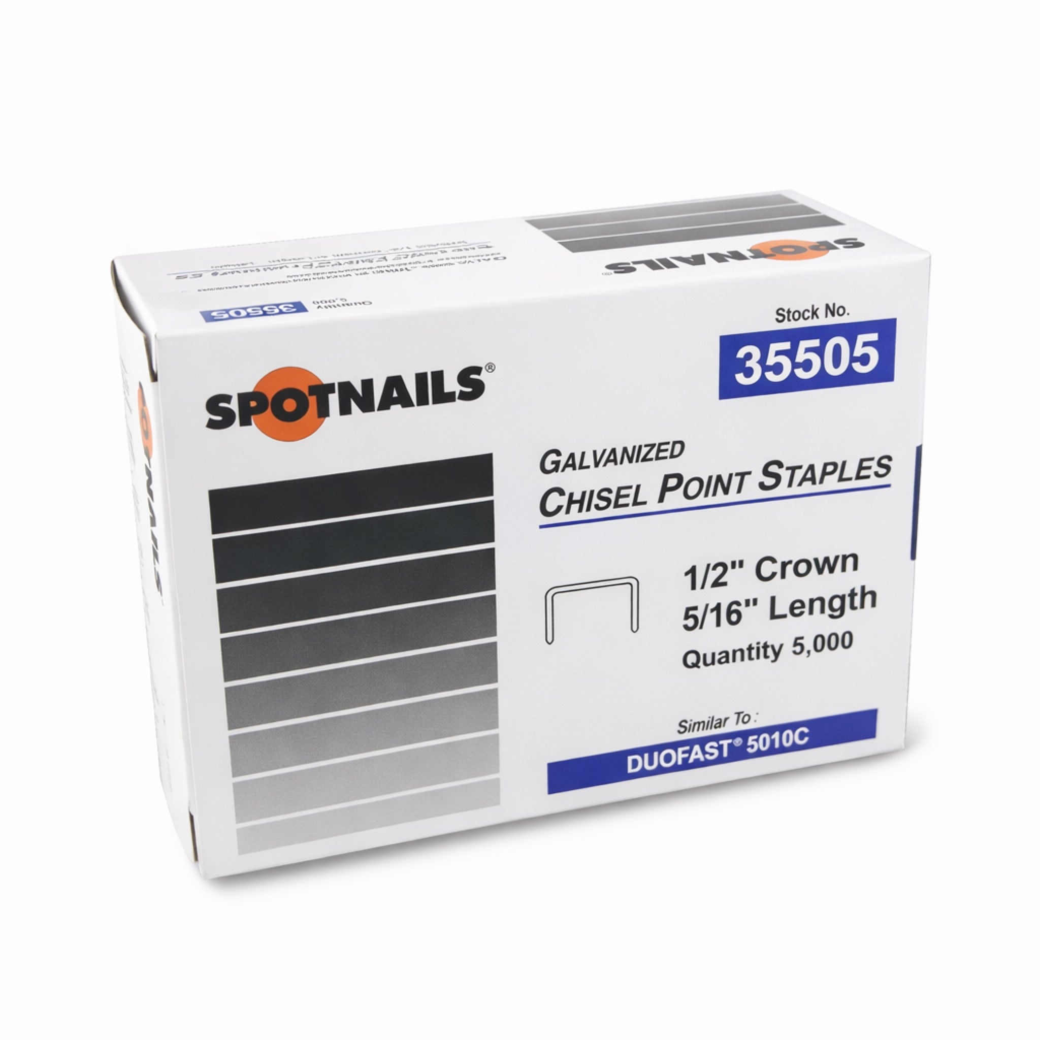 Spotnails 35505 – 20 Gauge Galvanized Staples, 1/2" Crown x 5/16" Length (5,000/Box)