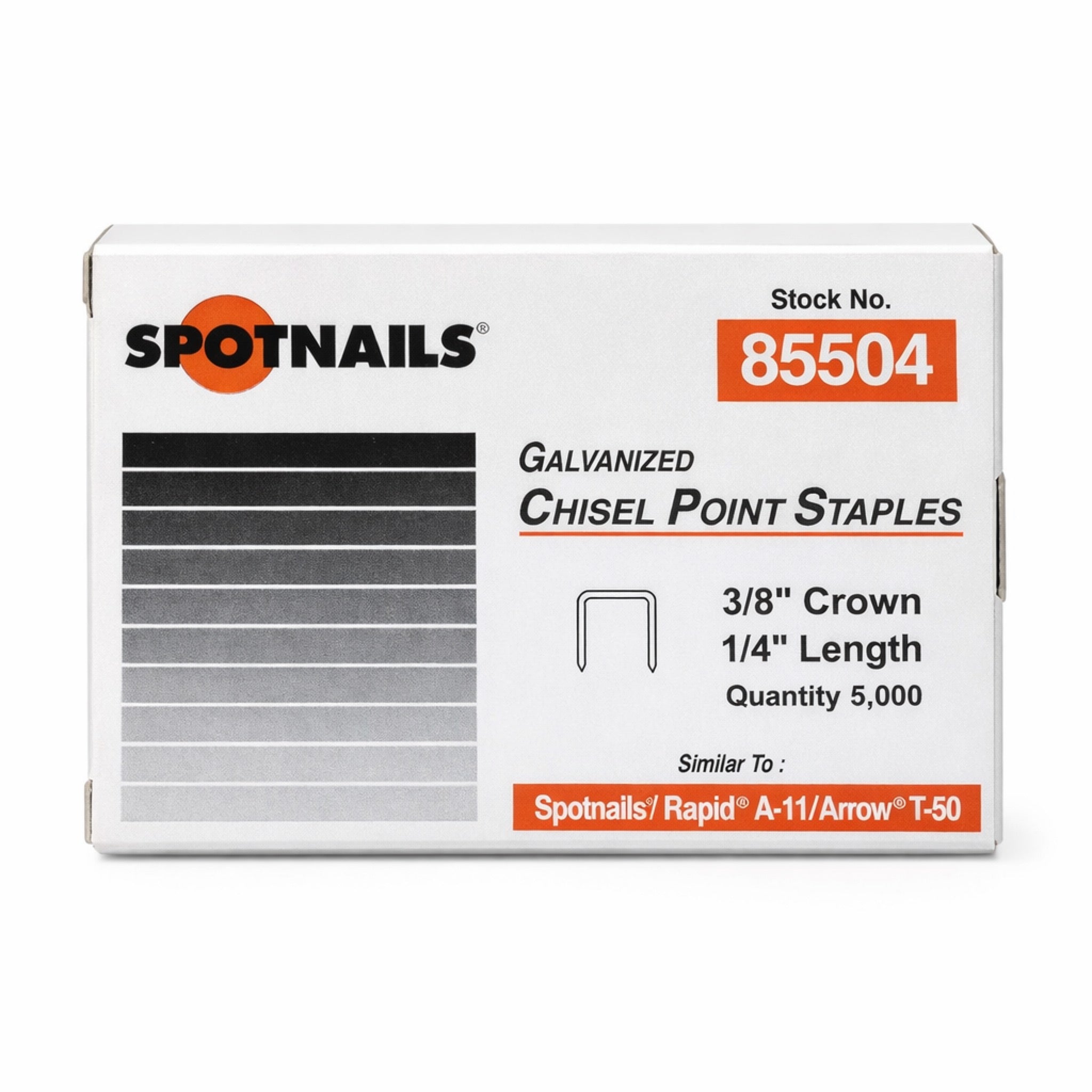 Spotnails 85504 Galvanized Straight Snip Staples – 3/8" Crown x 1/4" Length (5,000/Box)