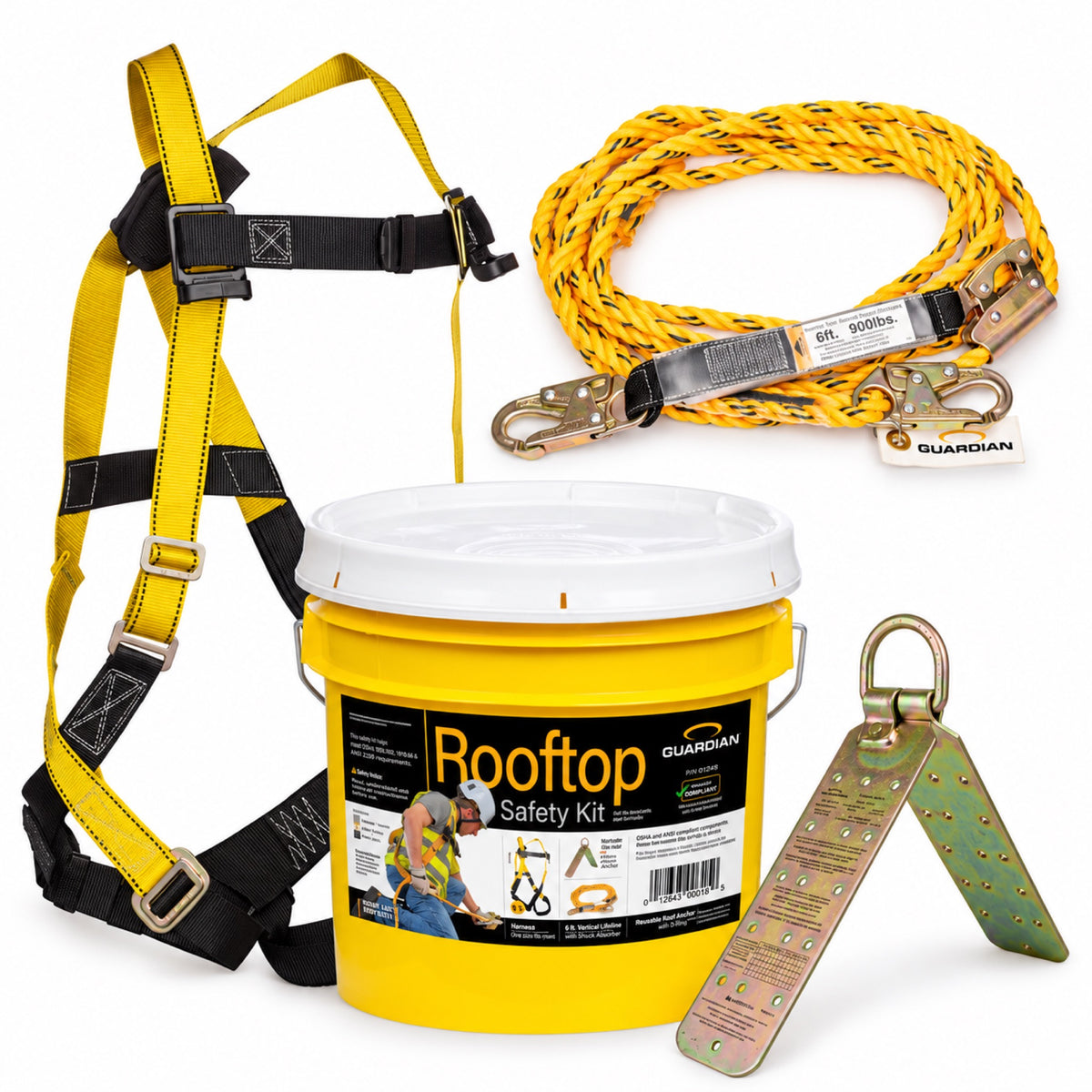 Guardian Rooftop Fall Protection Safety Kit – 50' Lifeline, Harness & Temper Roof Anchor #00815